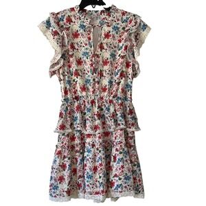 Joy Joy Cream Floral Tiered Dress with Red & Blue Blooms